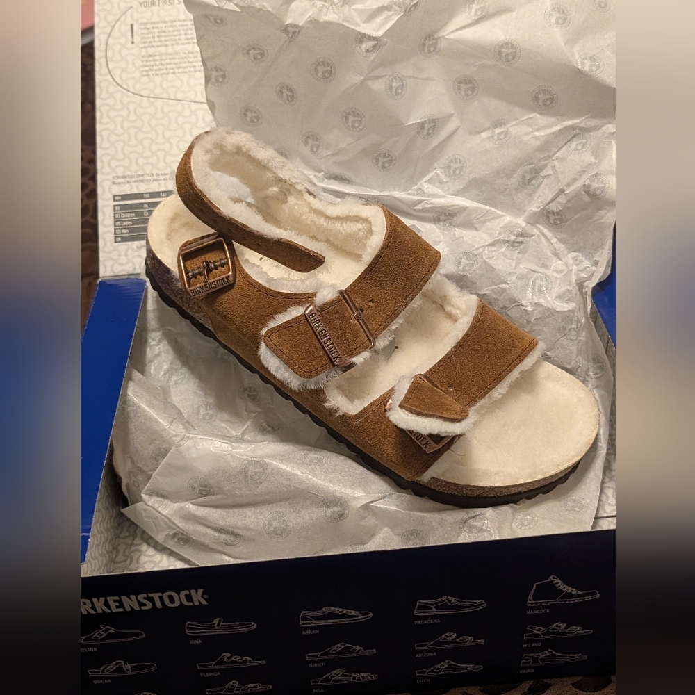 NIB ❤ Birkenstock Milano Suede Shearling Sandal in Chestnut Brown (Size 40)
